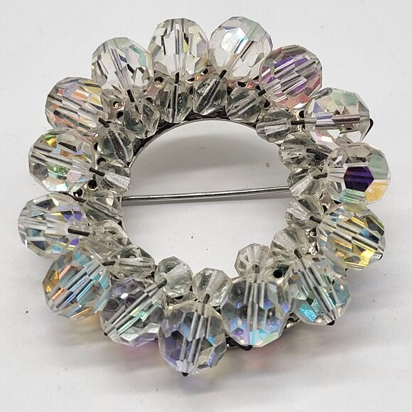 unbranded Jewelry - Vintage Aurora Borealis AB Beaded Circle Brooch Pin With Silver Tone Back